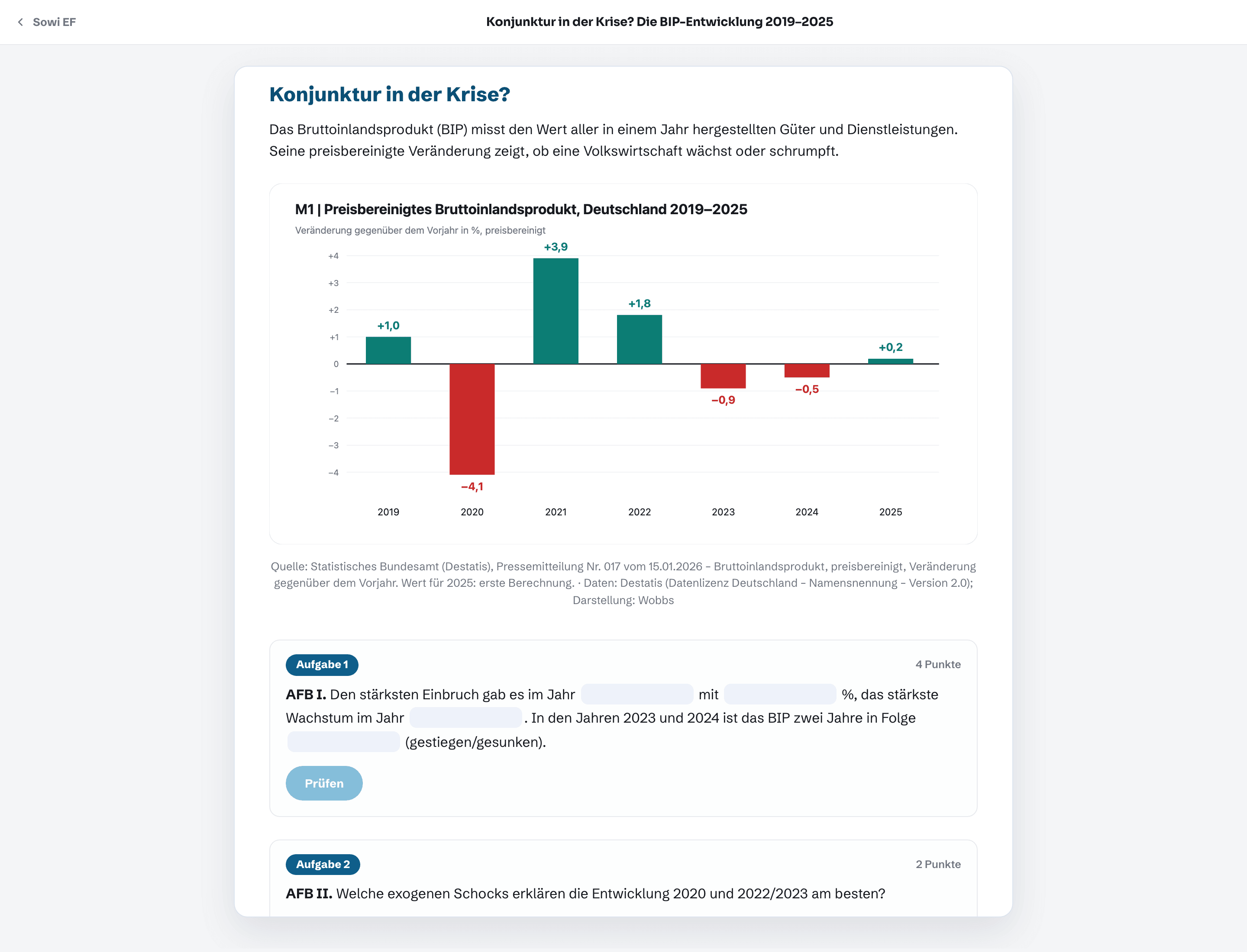 Schüleransicht des Materials „Konjunktur in der Krise?“: Säulendiagramm der BIP-Entwicklung 2019 bis 2025 mit Quellenangabe des Statistischen Bundesamts und einer Lückentext-Aufgabe